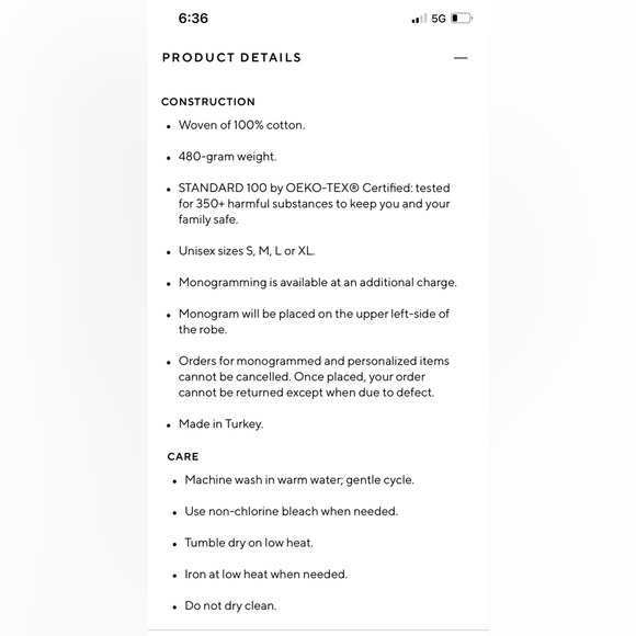 Pottery Barn Classic Robe , Certified OEKO-TEX , 100% Cotton . Size Small NWT - Picture 4 of 6